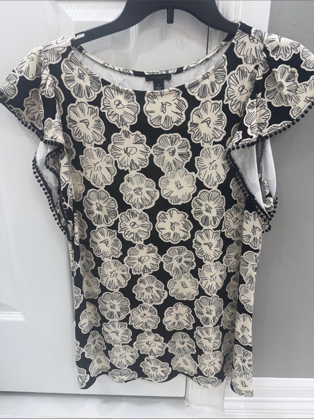 Ann Taylor Factory Black Top with Cream Floral Print and Ruffle Cap Sleeves